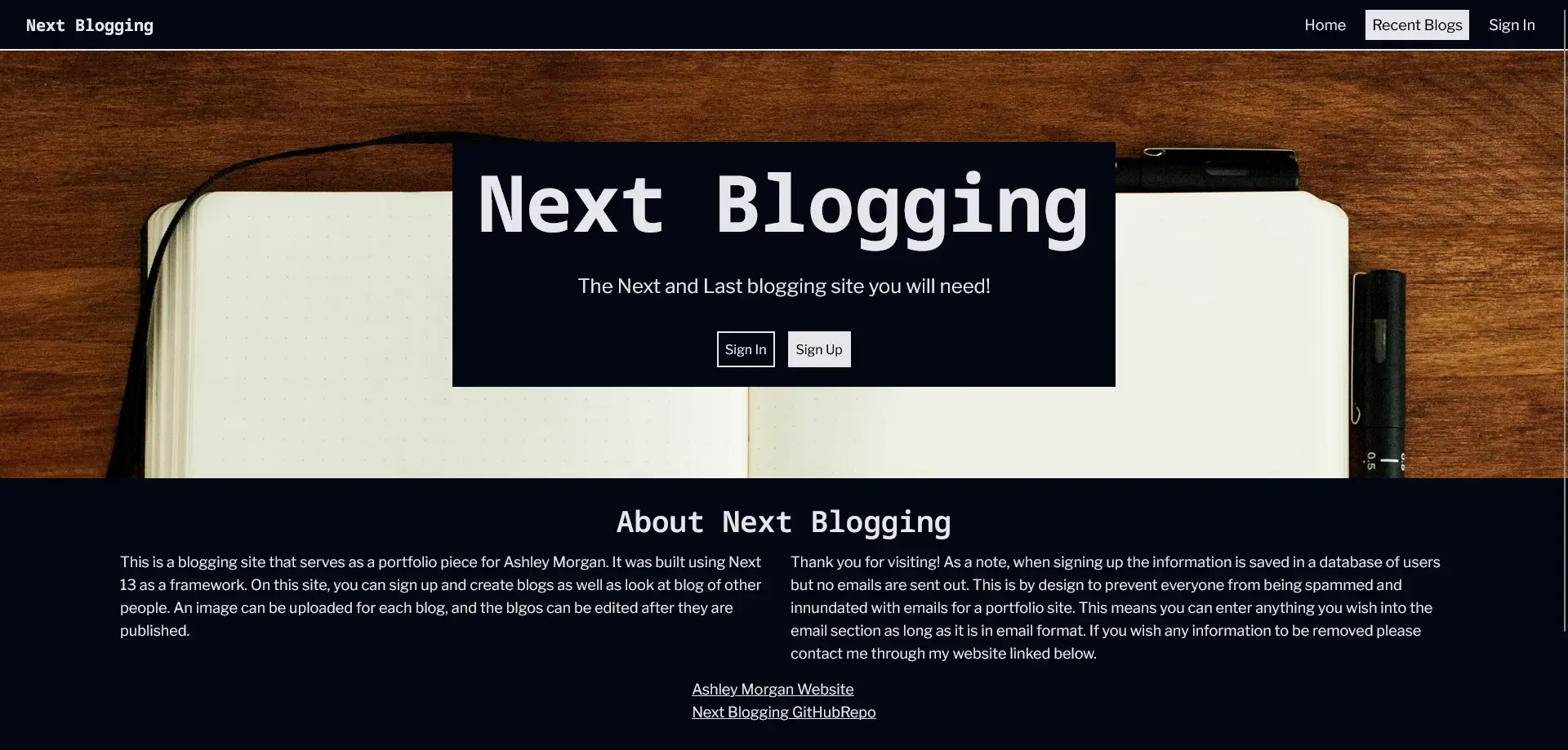 The dark mode desktop version of the home page of a blogging site